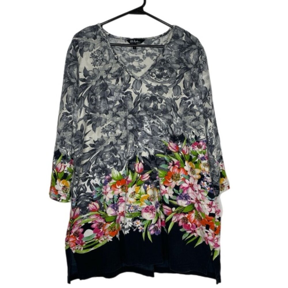 Ulla Popken V-Neck Floral Print Cotton Top Blouse